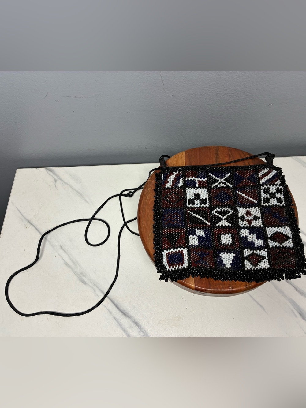 Vintage Hand Beaded Geometric Crossbody Pouch Purse Black Lined